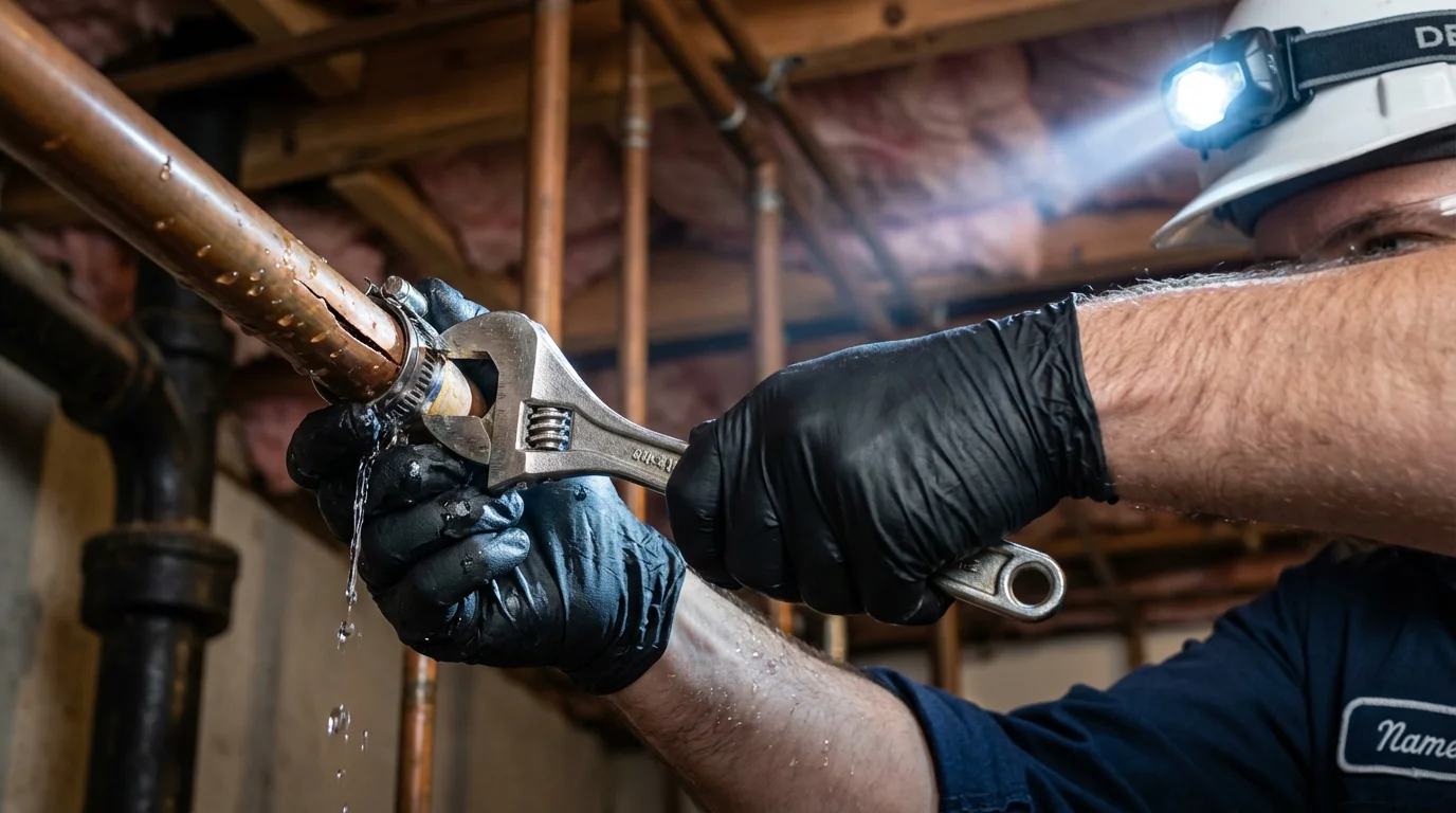 Emergency pipe clamp repair being performed by a Johns Plumbing LLC plumber in Florence