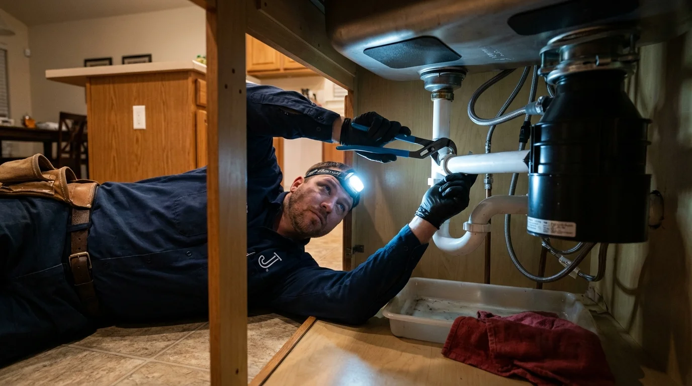 P-trap and supply line connections under a kitchen sink showing a common leak point in Florence, SC